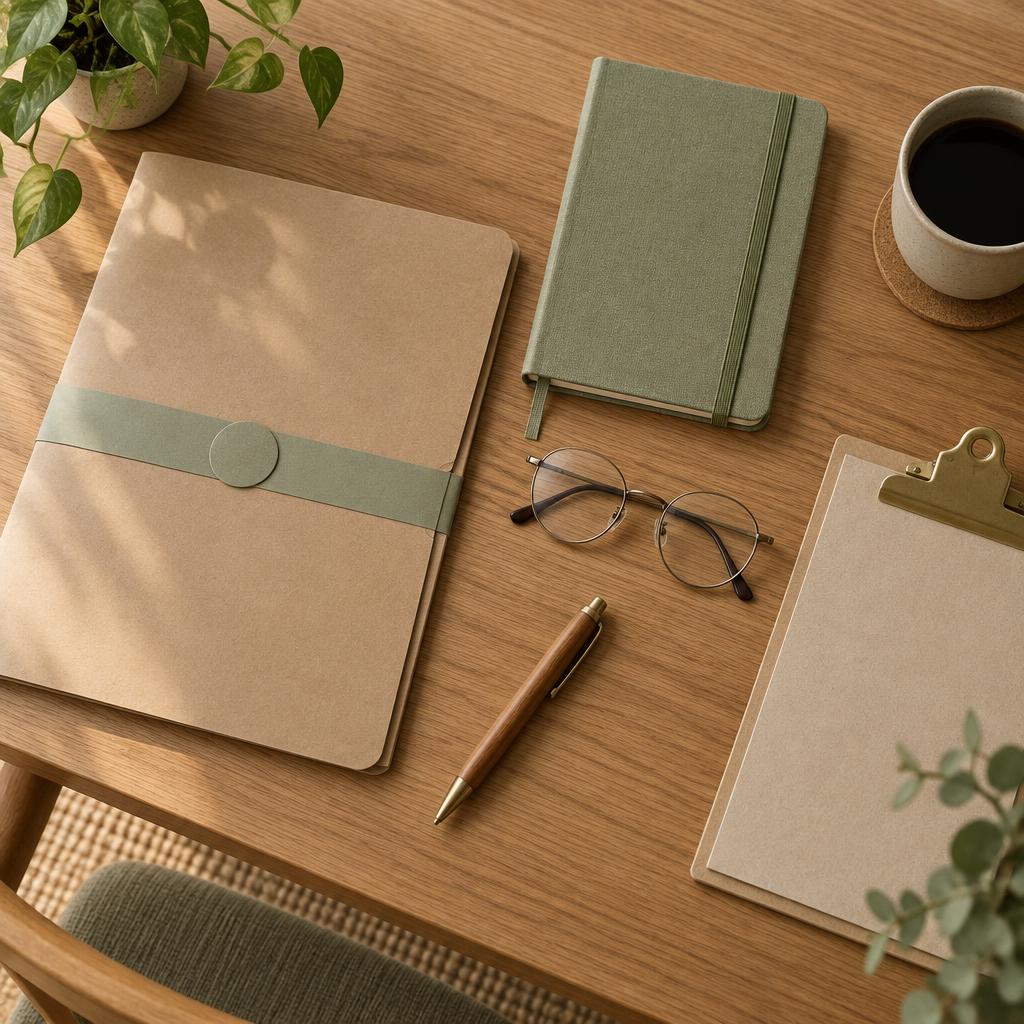 Pasta de documentos, caderno, óculos e caneta sobre uma mesa de madeira, prontos para organização dos exames